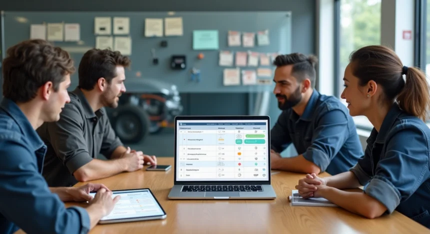 Profissional da oficina comparando opções de sistema CRM em mesa de reunião